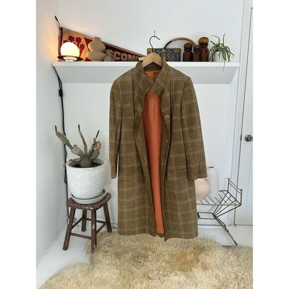 Vintage 1970s Suede Leather Silk Lined Patchwork Trench Coat Jacket Small - Picture 1 of 6